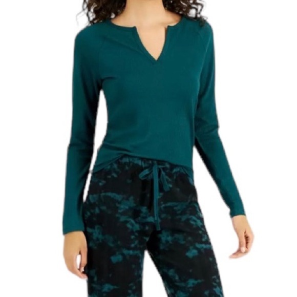 Jenni Split Neck Ribbed Pajama Top Bundle Navy Sail Blue June Bug Green Medium - Picture 2 of 13